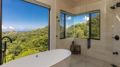 The freestanding tub and the jungle window