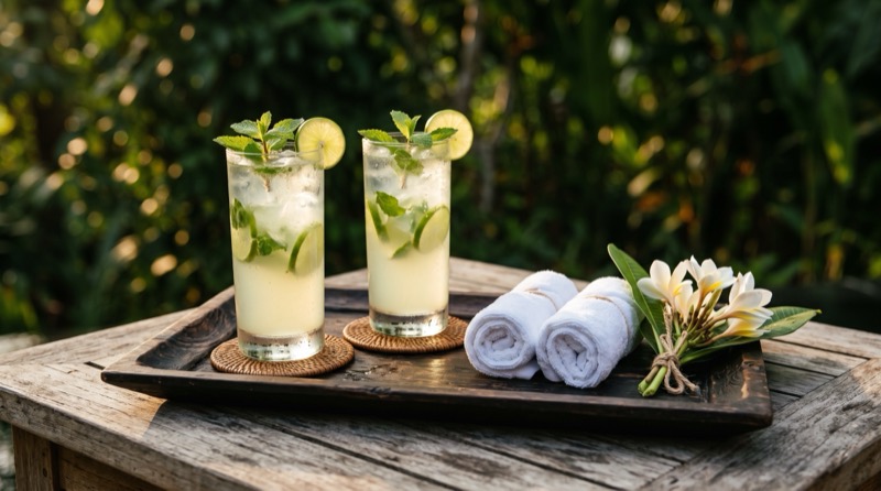 Welcome drinks served on a villa terrace at golden hour